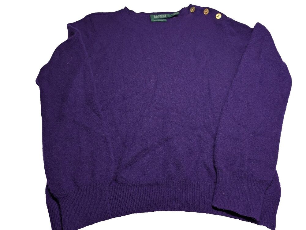 Lauren Ralph Lauren 100% Cashmere Purple Boat Neck Shoulder Button Sweater Women